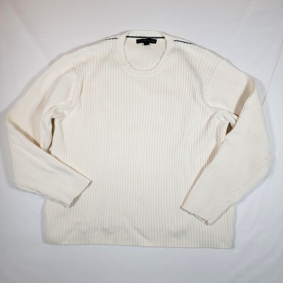 Tommy Hilfiger Sweater Mens XL White Ribbed Knit Cotton Crewneck Pullover - Picture 1 of 13